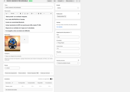 Radio Portátil AM/FM/SW con Ventilador Integrado - Recargable Bluetooth